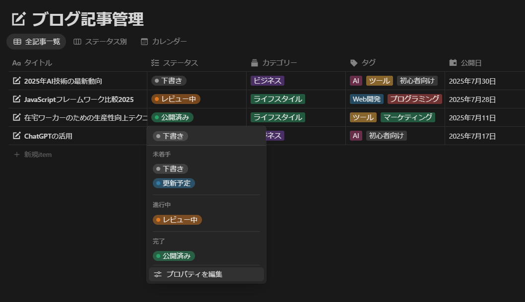 Notionのブログ記事管理データベースのイメージ